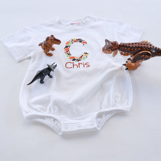 BUBS SUMMER TEE ROMPER: DINO MONOGRAM