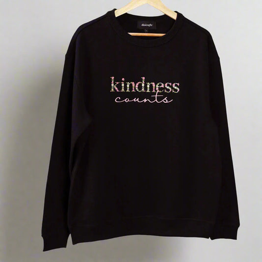 kindness counts embroidered in black sweatshirt