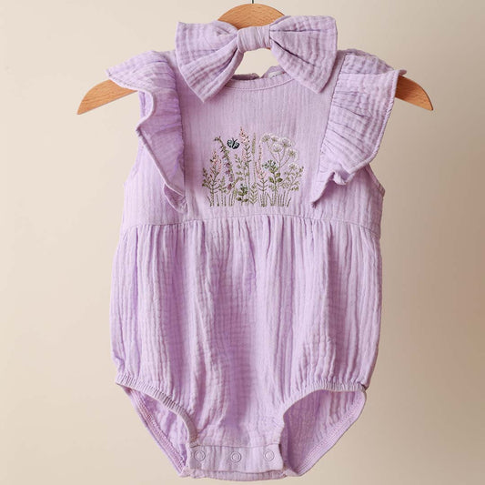 ORGANIC MUSLIN RUFFLE ROMPER with BOW HEADBAND SET