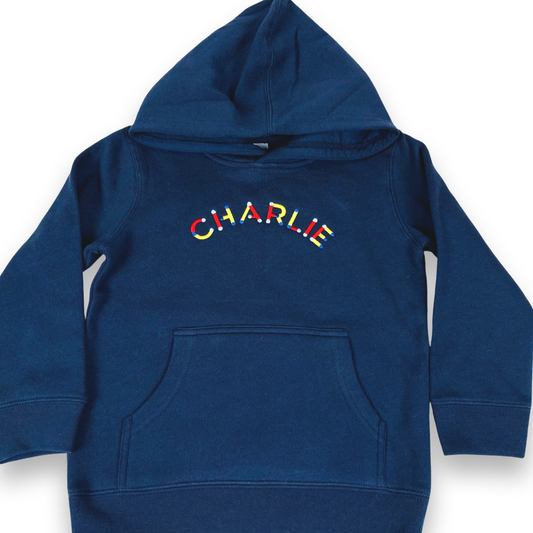 KIDS HOODIE: NAME in COLOURFUL TUBULAR FONT